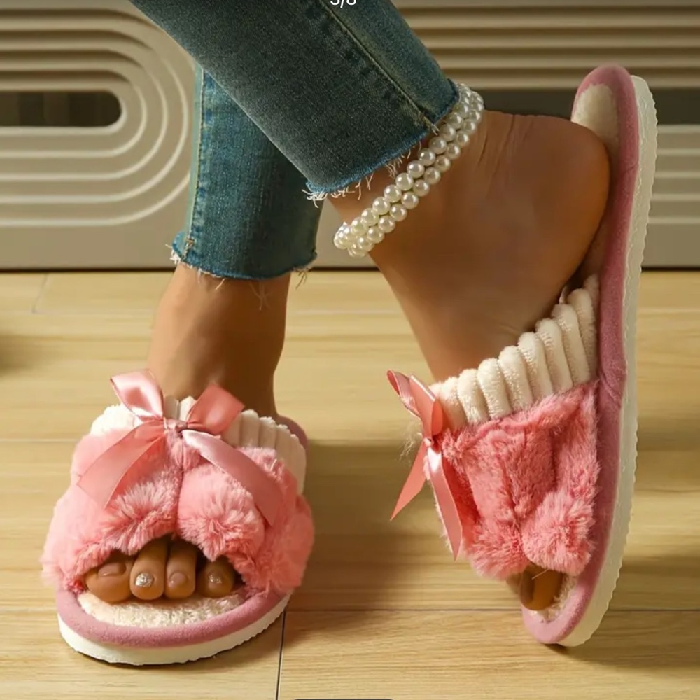 NEW Cozy Bowknot Fluffy Home Slippers for Women, Size 8